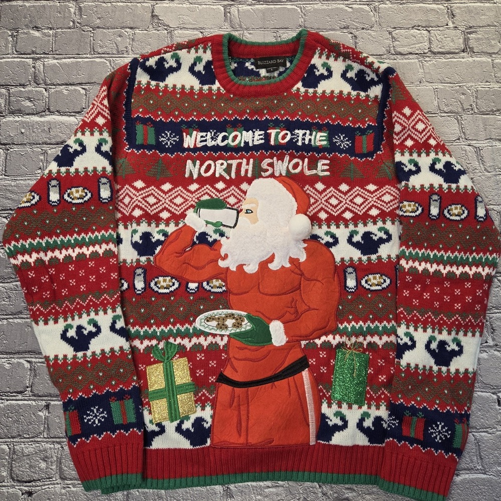 Blizzard Bay Men's Large Ugly Christmas Sweater Santa Welcome To North Swole